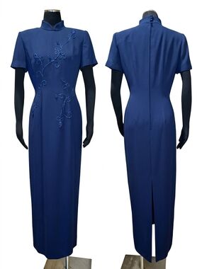 Maggy London Navy Embroidered Mandarin Collar Maxi Dress